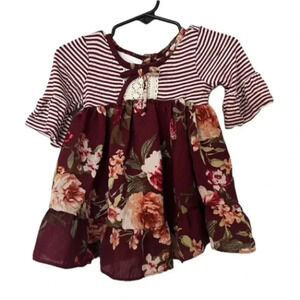 Bonnie Baby 3/4 Ruffle Sleeve Maroon Floral Dress with Bloomers Size 6/9m GUC